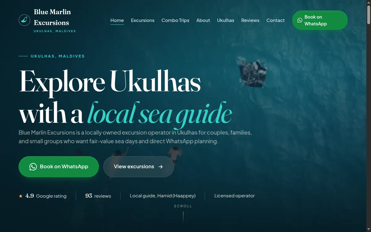 Blue Marlin Excursions website — aerial reef hero with WhatsApp booking and Google rating