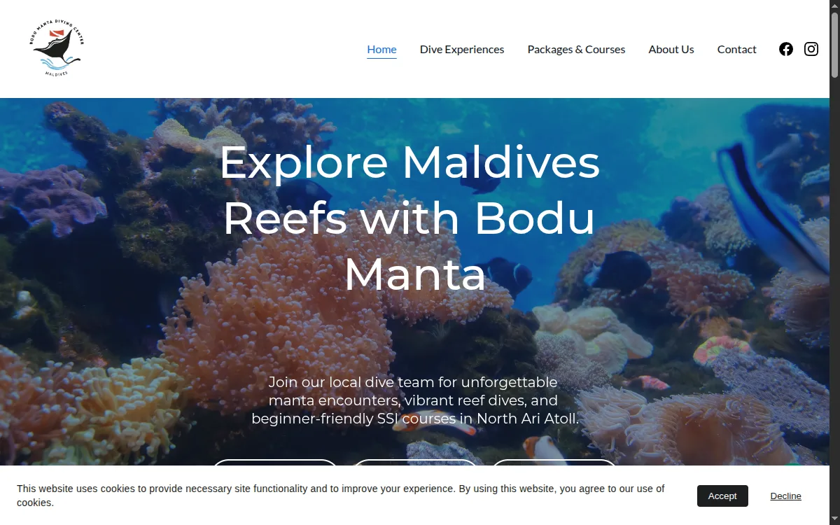 Bodu Manta Diving Center website — dive courses and manta ray expedition listings