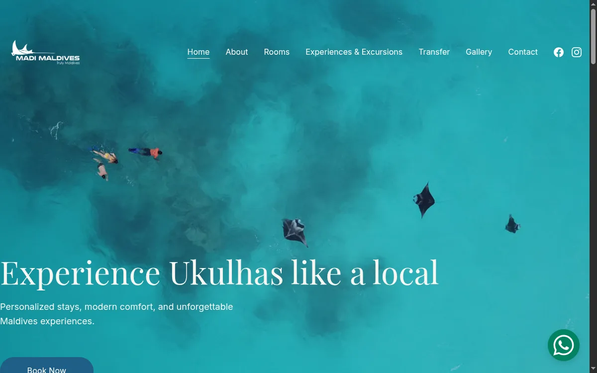 Madi Maldives vacation home website — aerial reef hero with manta rays and snorkelers