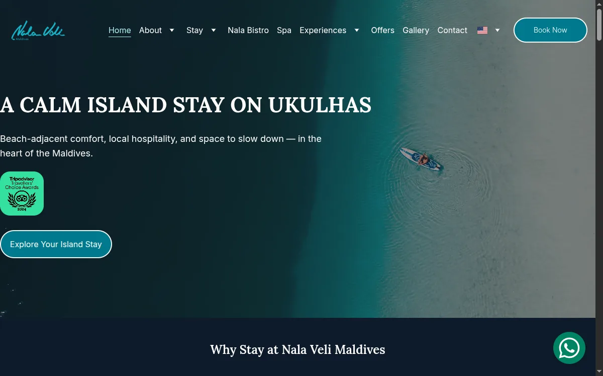 Nala Veli Maldives website — aerial beachfront hero with booking call to action