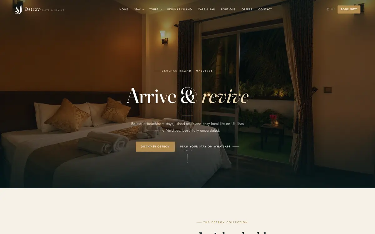 Ostrov Maldives website — boutique beach stay homepage