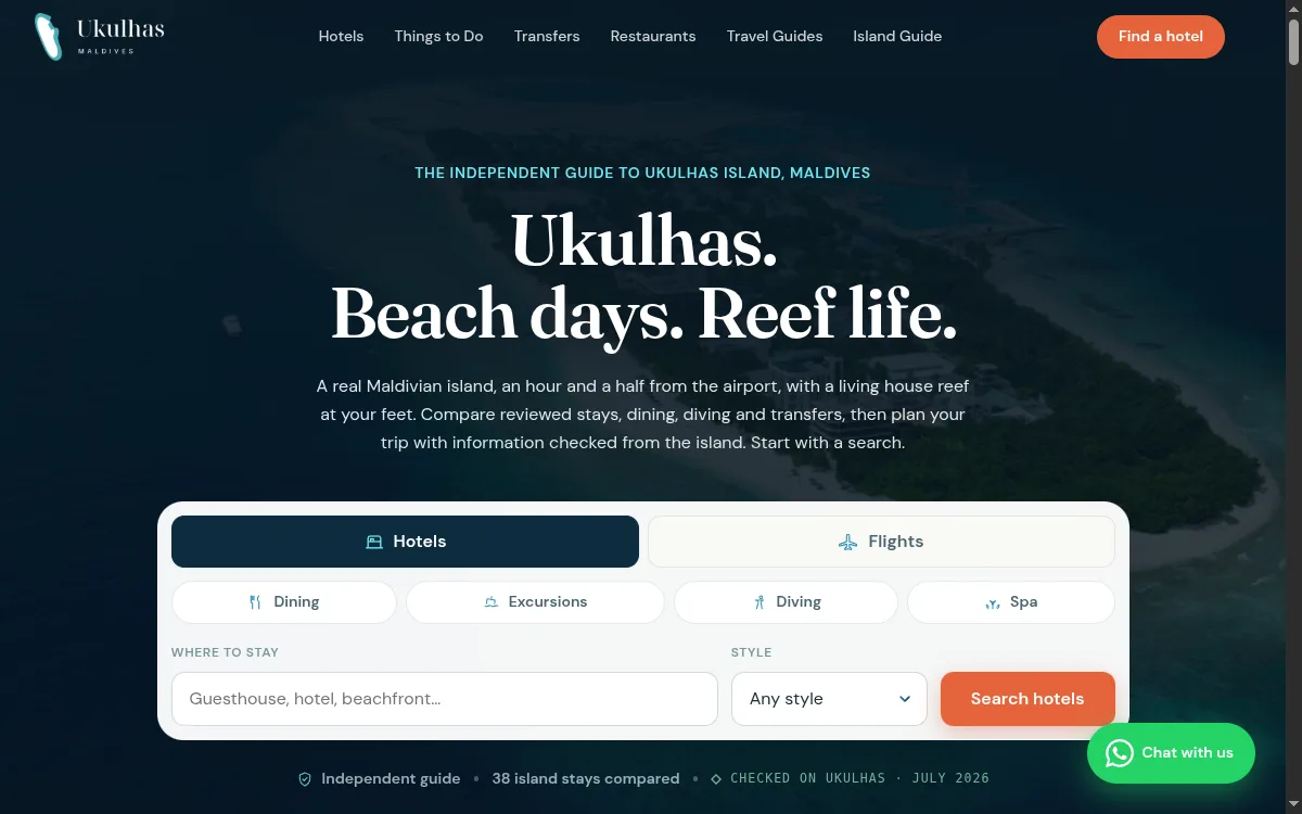Ukulhas Maldives travel hub — island hero with a hotel and flight search widget